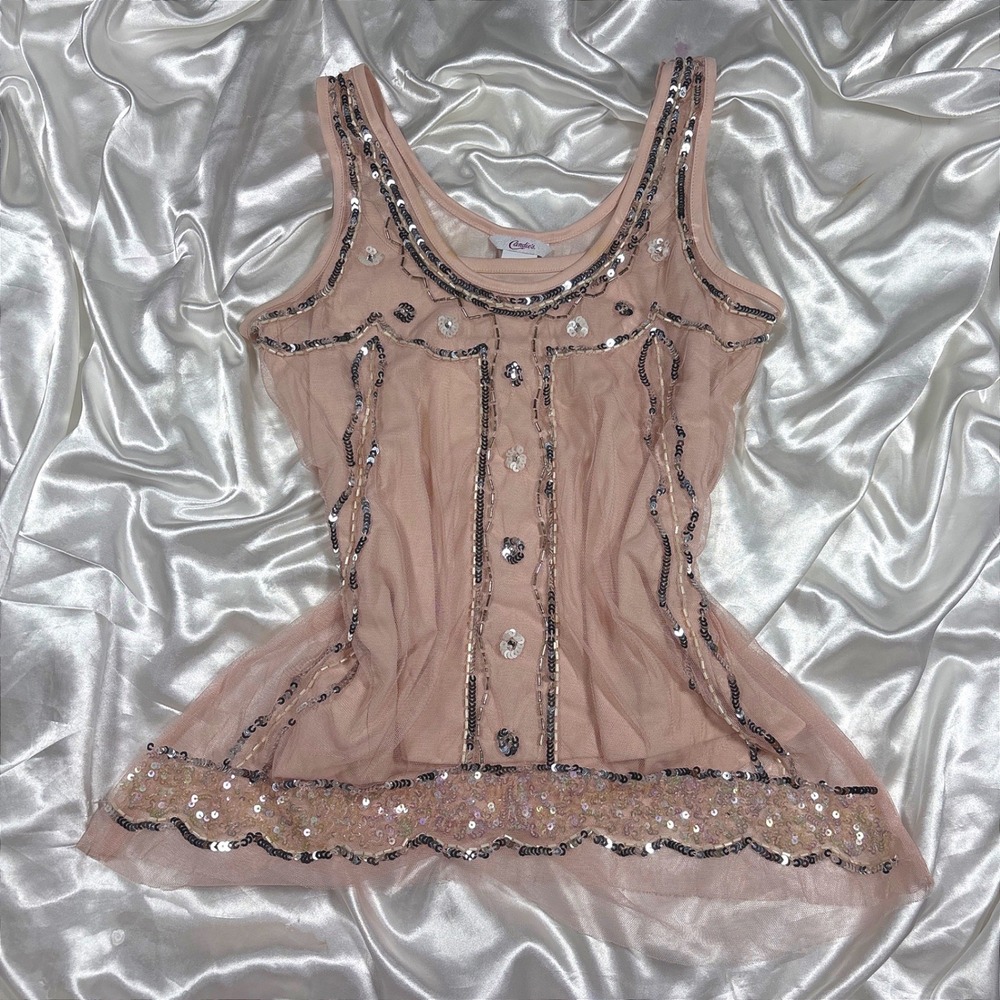 y2k Tank Top Pink Excellent Candies Sequin Beaded Mesh Sleeveless Blouse M